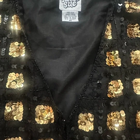 Vintage 1970s RARE 100% Silk Black and Gold Beaded and Sequined Size M Vest - Picture 6 of 10
